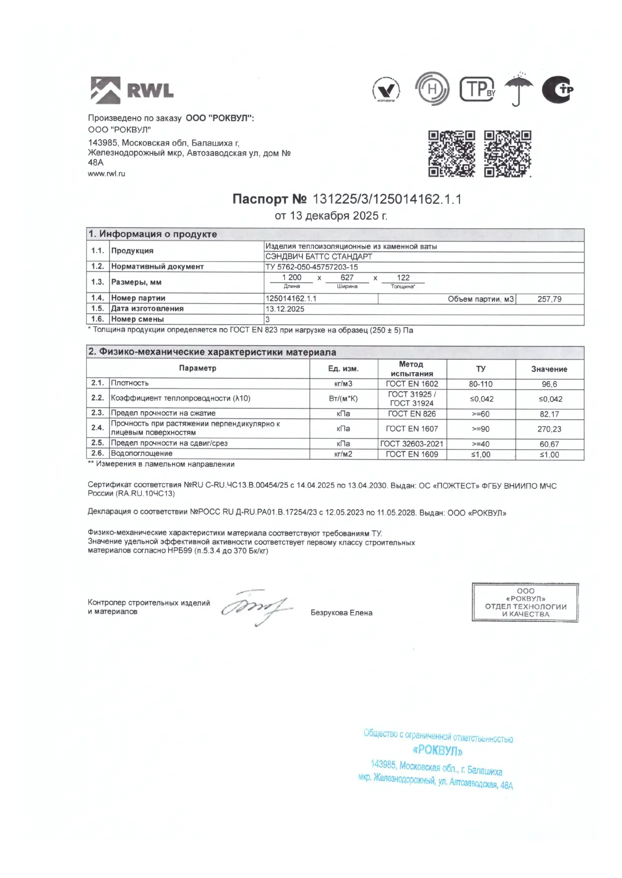 Паспорт качества Роквул